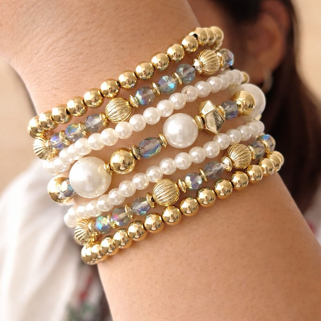 TFC Pearl and Sparkle Beaded Gold Plated Bracelet (Set of 7)