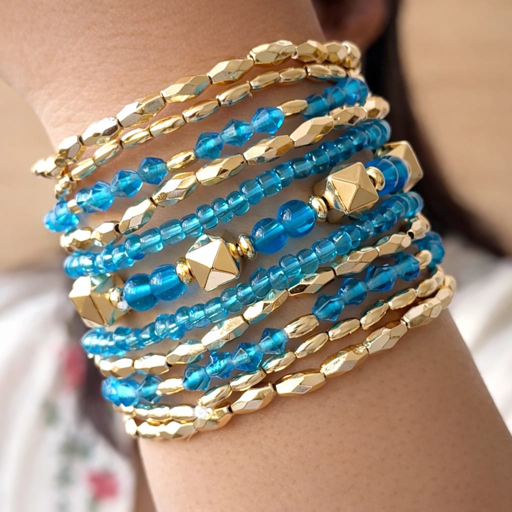 TFC Ocean Blue Beaded Gold Plated Bracelet (Set of 11)