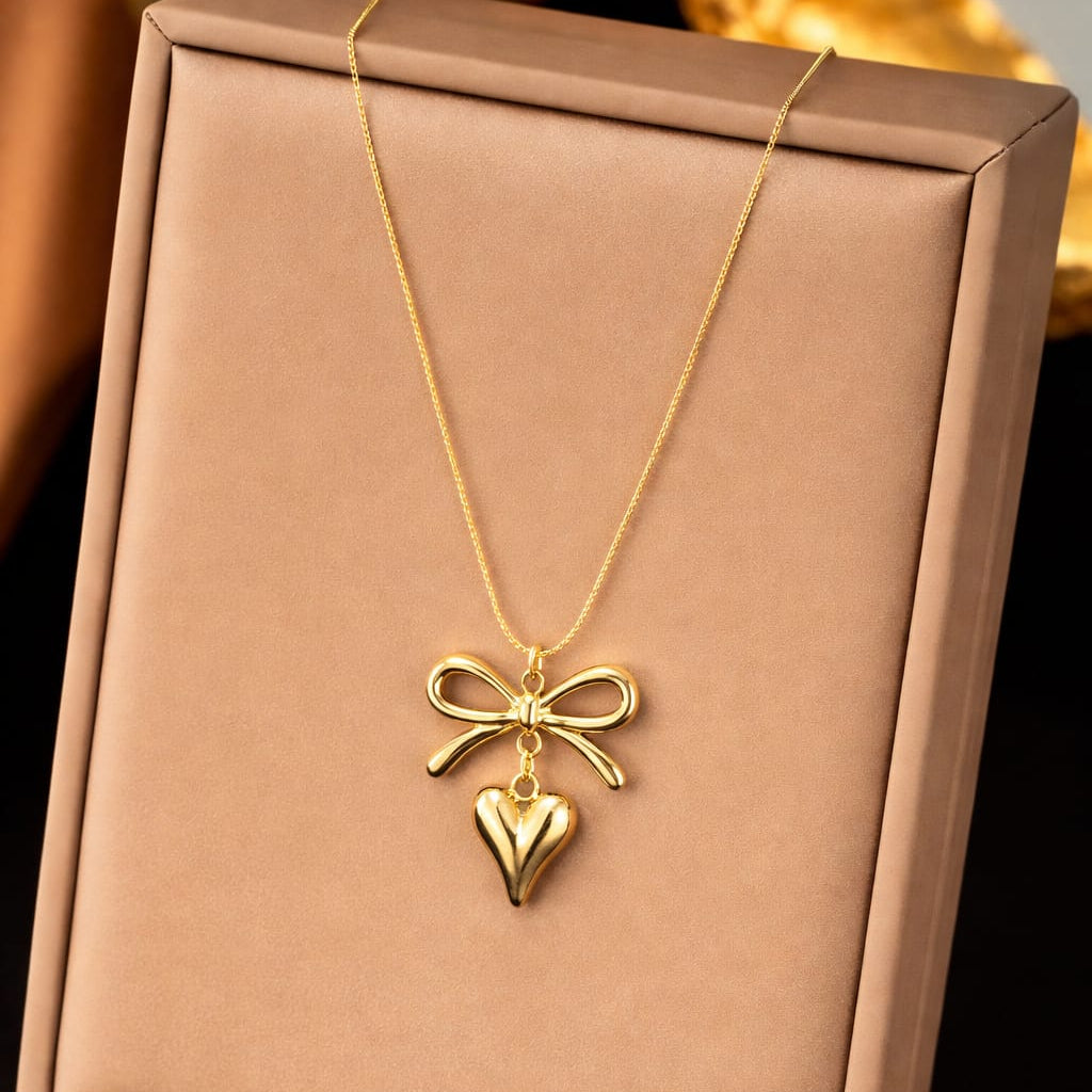 TFC Bow Long Heart Gold Plated Necklace