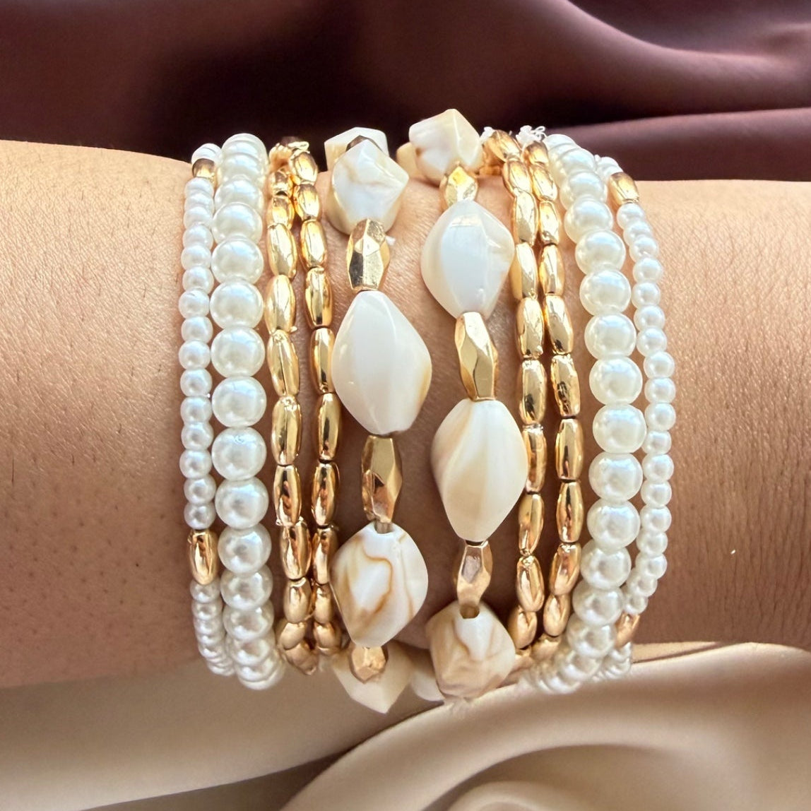 TFC Pearl & Marble Gold Plated Beaded Bracelet (Set of 10)
