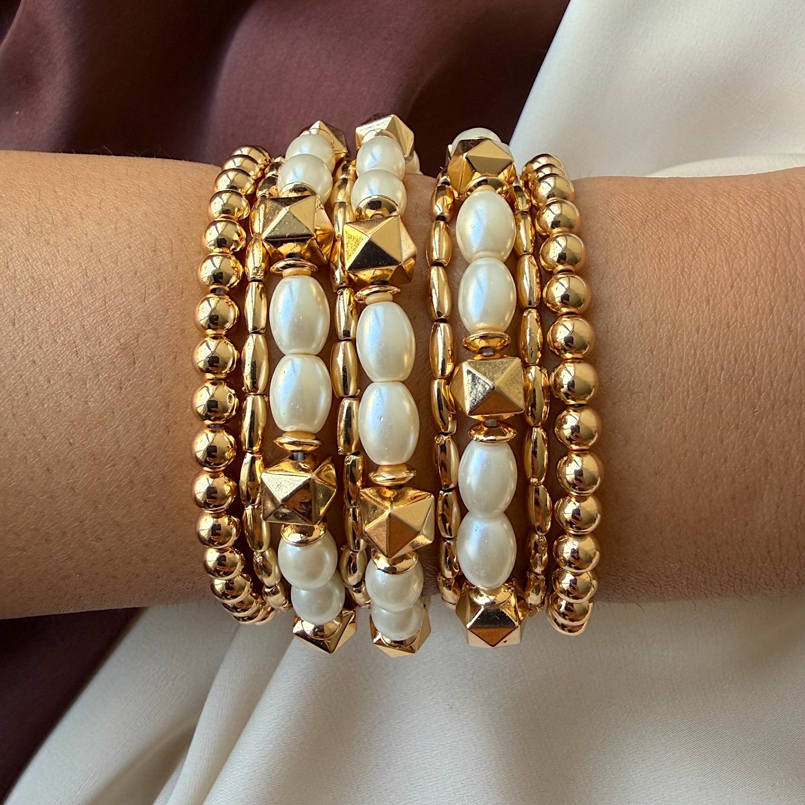 TFC Pearl & Cube Gold Plated Bracelet (set of 9)