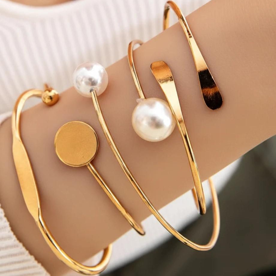 TFC Adjustable Pearl Stack Gold Plated Bracelet (set of 4)
