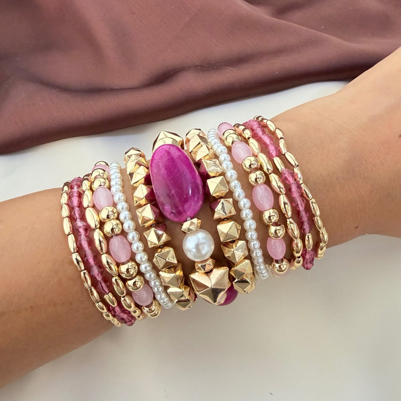 TFC Pink Sky Bead Gold Plated Bracelet (set of 13)