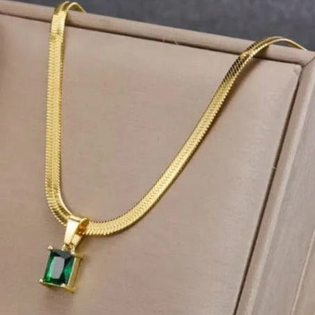 TFC Green Stone Gold Plated Pendant Necklace