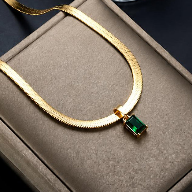 TFC Green Stone Gold Plated Pendant Necklace