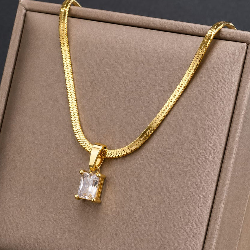 TFC Rectangle White Stone Gold Plated Pendant Necklace