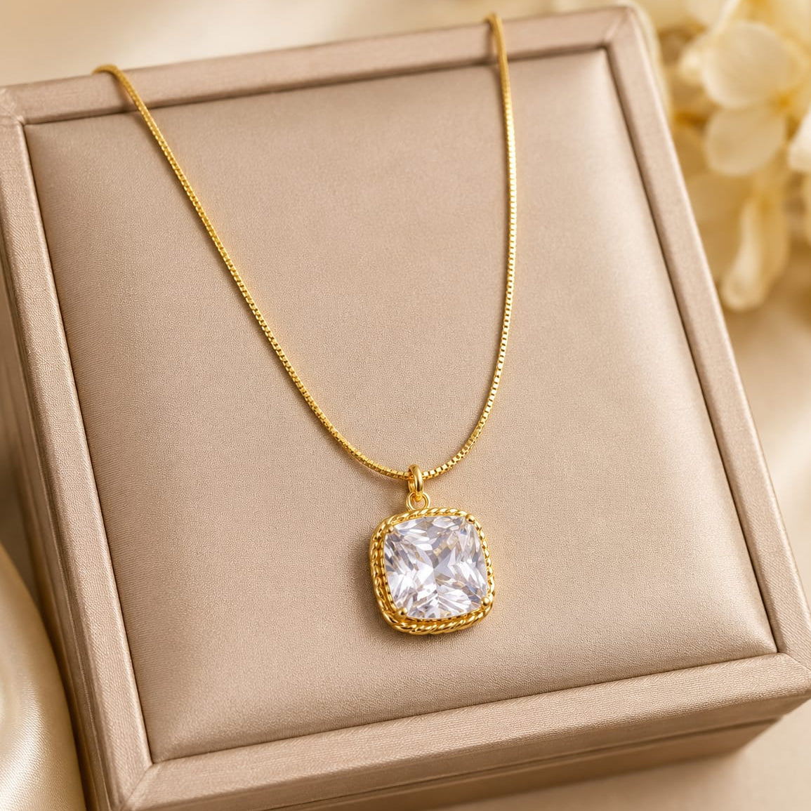 TFC Square White Stone Gold Plated Pendant Necklace
