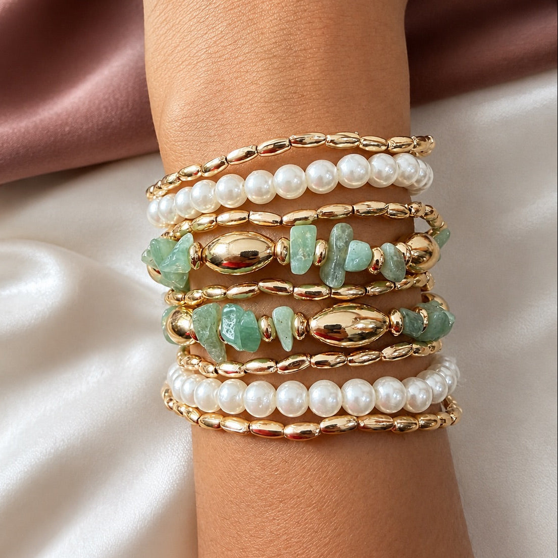 TFC Glass Green Gold Plated Bracelet (set of 9)
