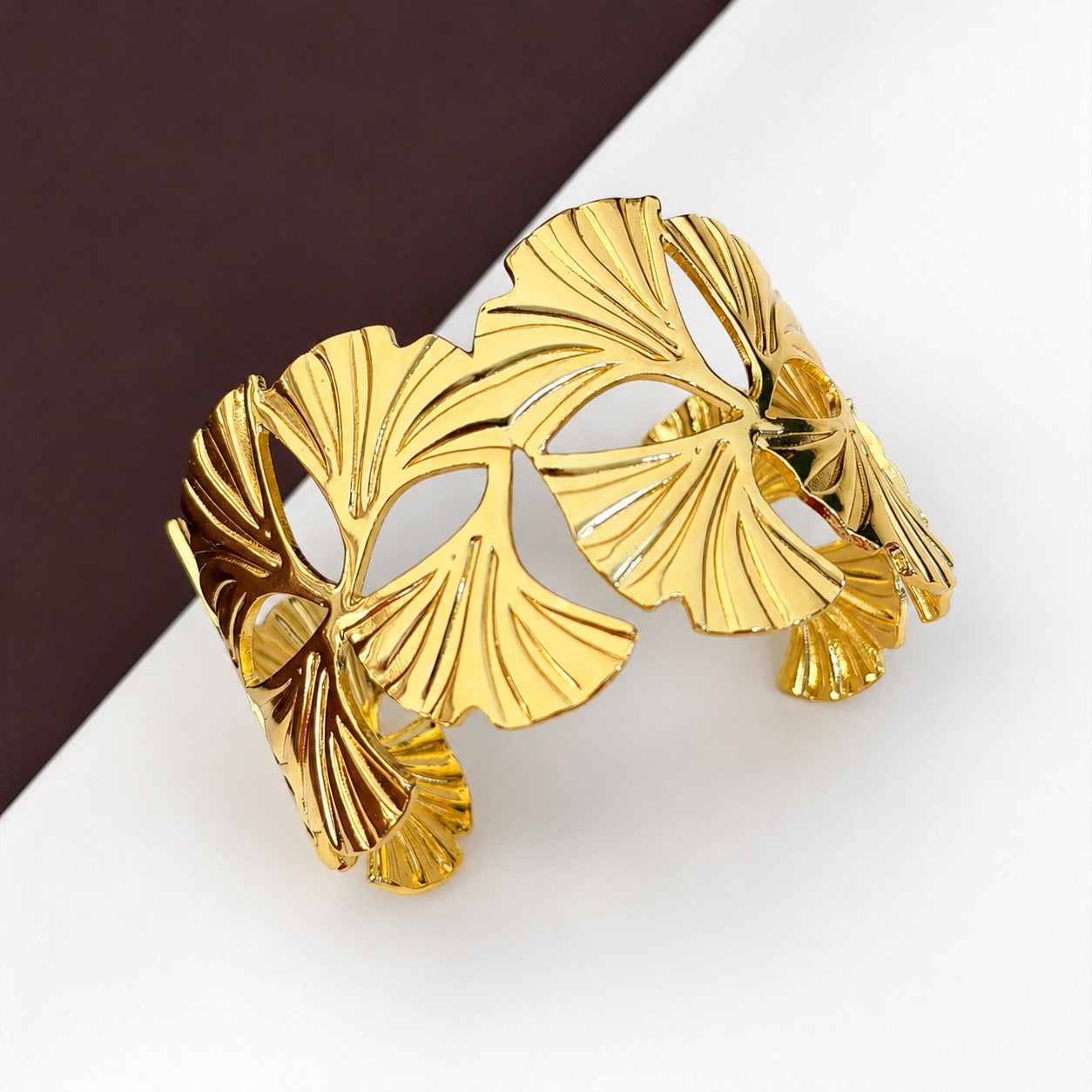 TFC Adjustable Leaf Line Gold Plated Cuff Bracelet