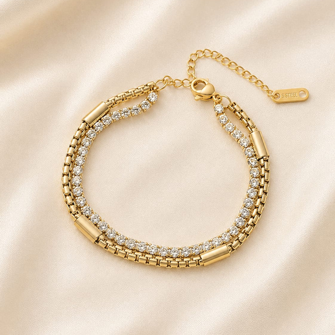 TFC Tennis White Stone Gold Plated Chain Layered Bracelet