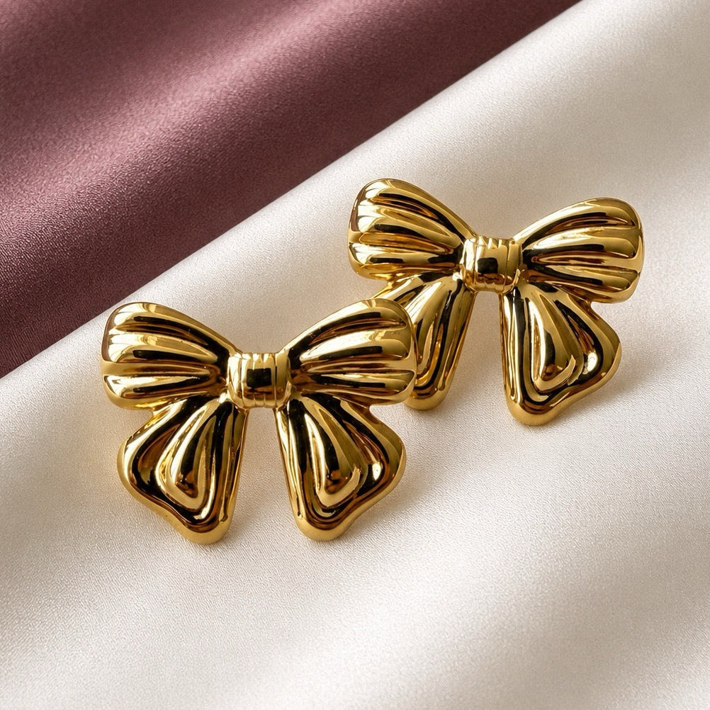 TFC Lining Bow Gold Plated Stud Earrings