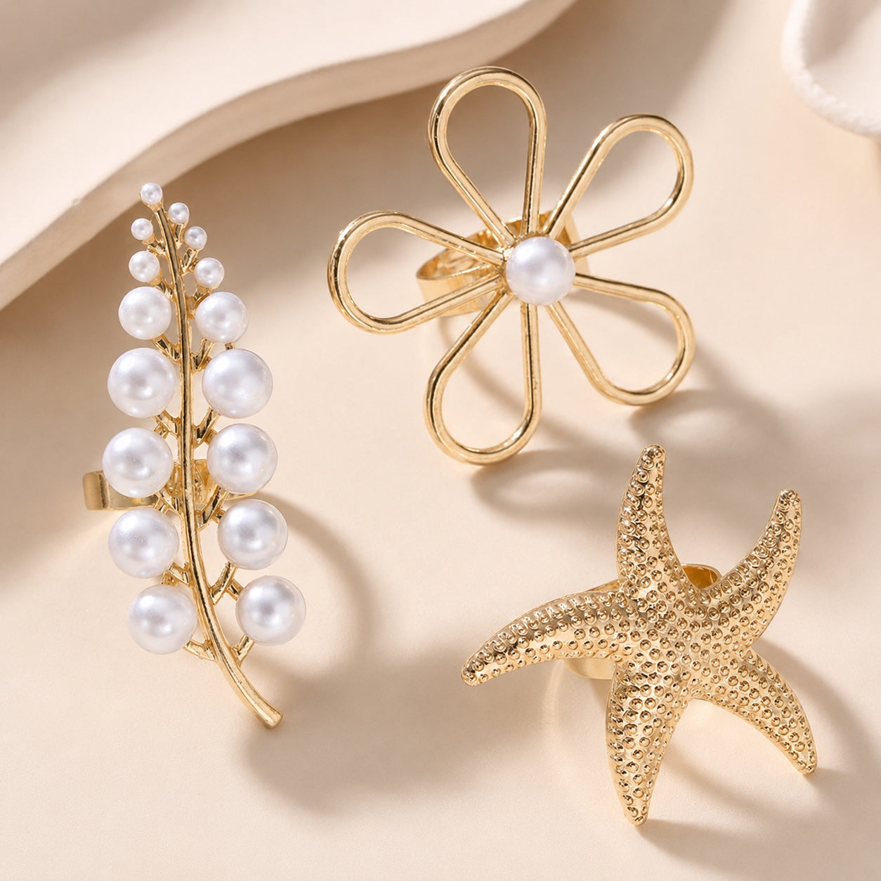 TFC Adjustable Floral Leaf Gold Plated Ring Combo