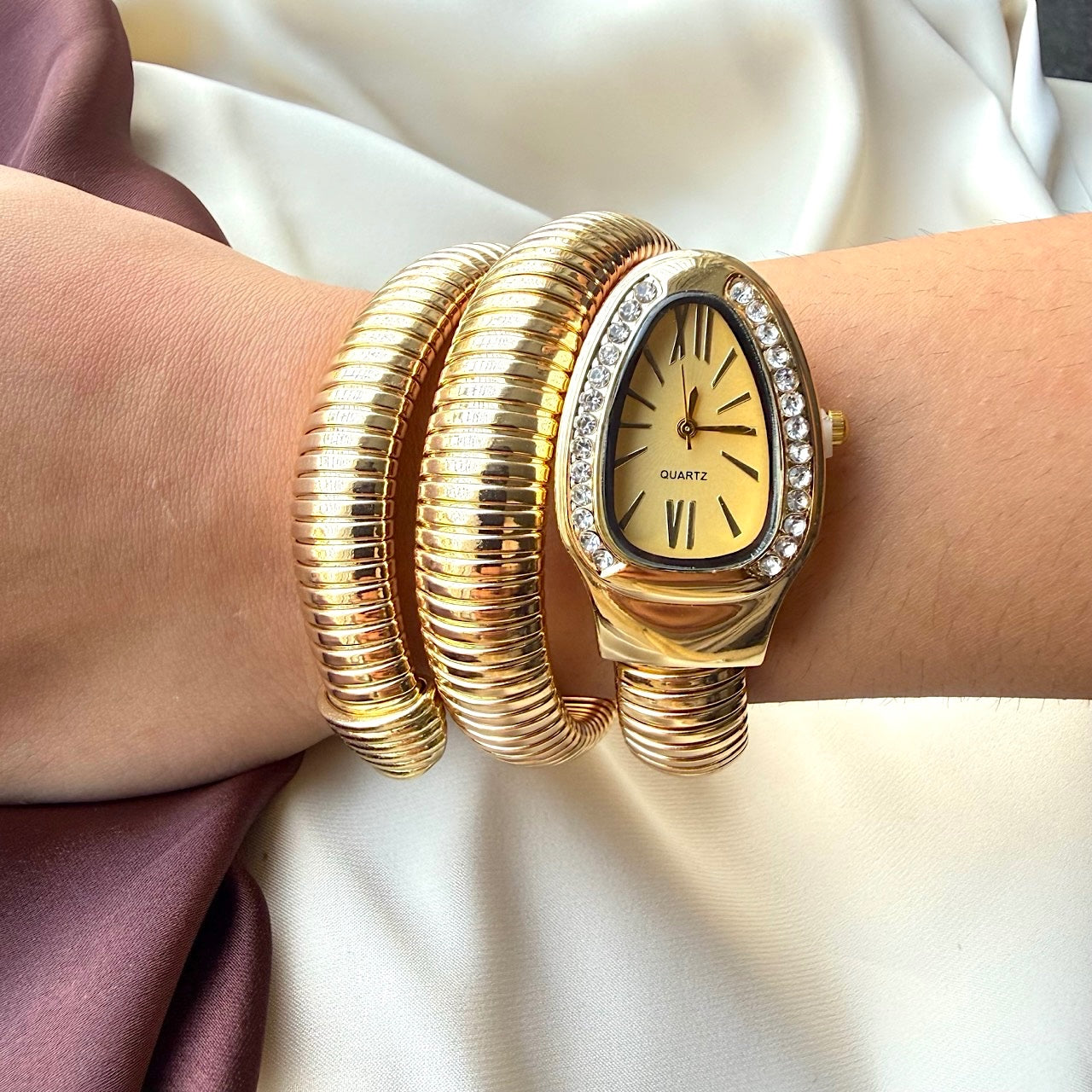 TFC Adjustable Cream Stone Watch Gold Plated Bracelet