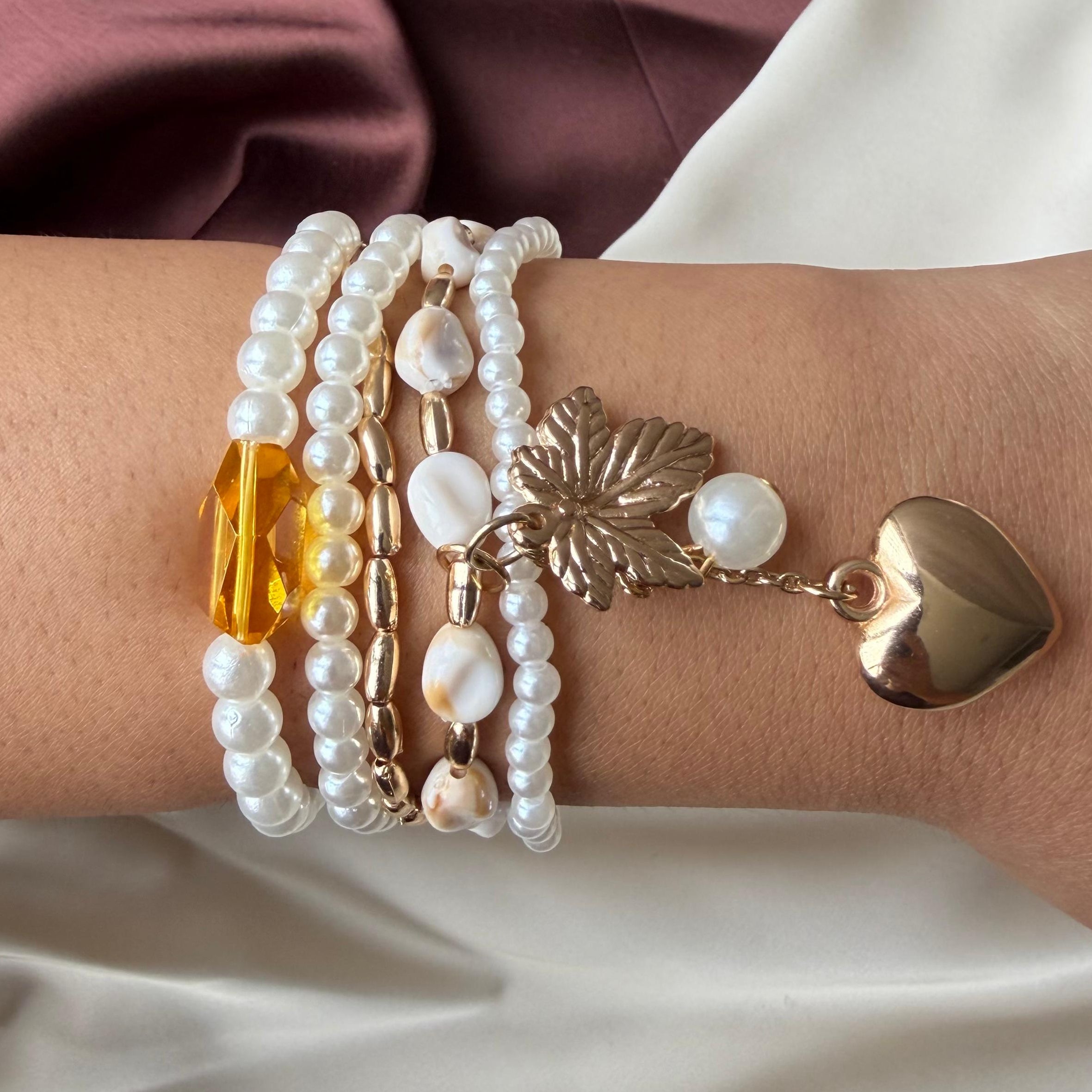 TFC Leaf & Pearl Charm Gold Plated Bracelet (set of 5)