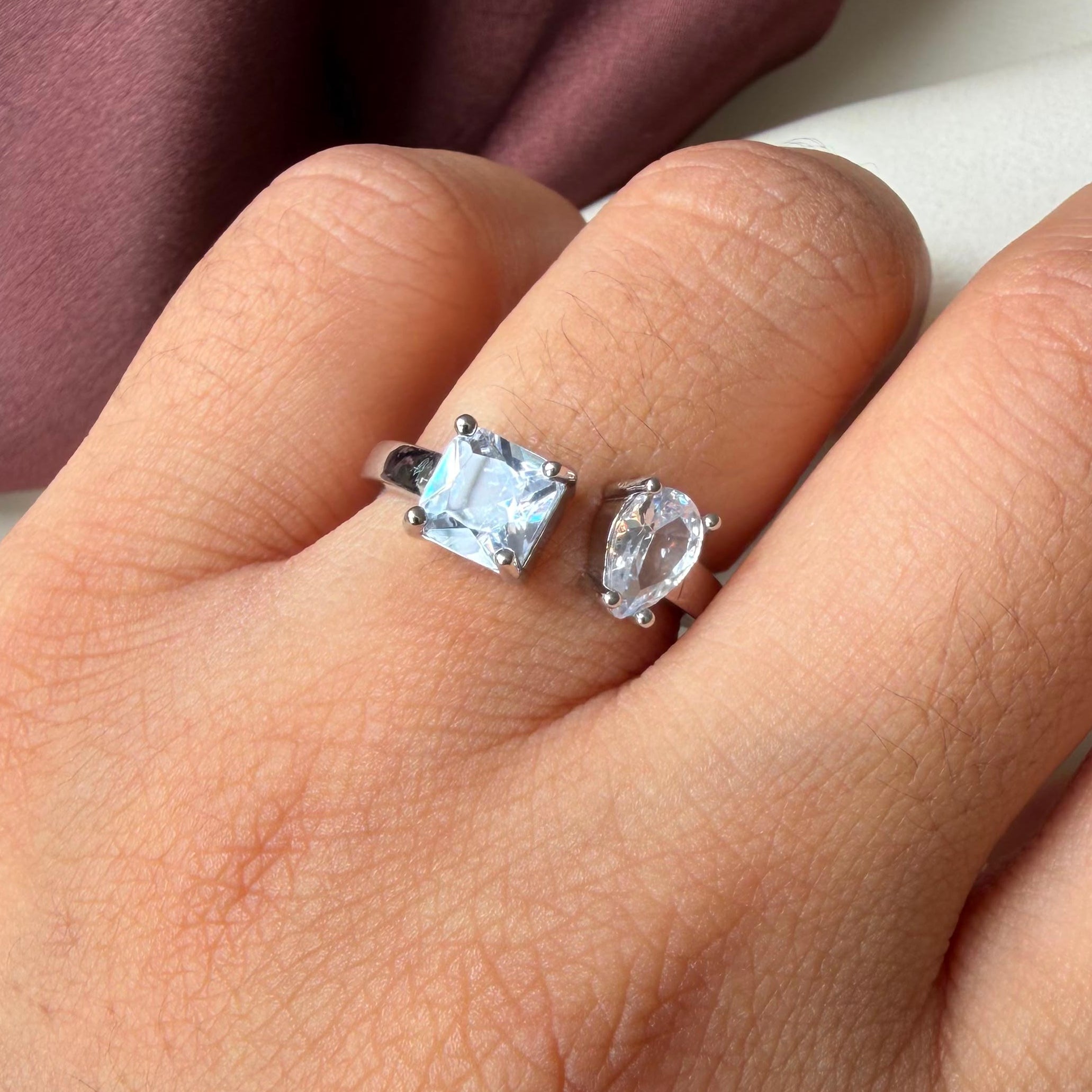 TFC Dual Stone Silver Plated Adjustable Ring
