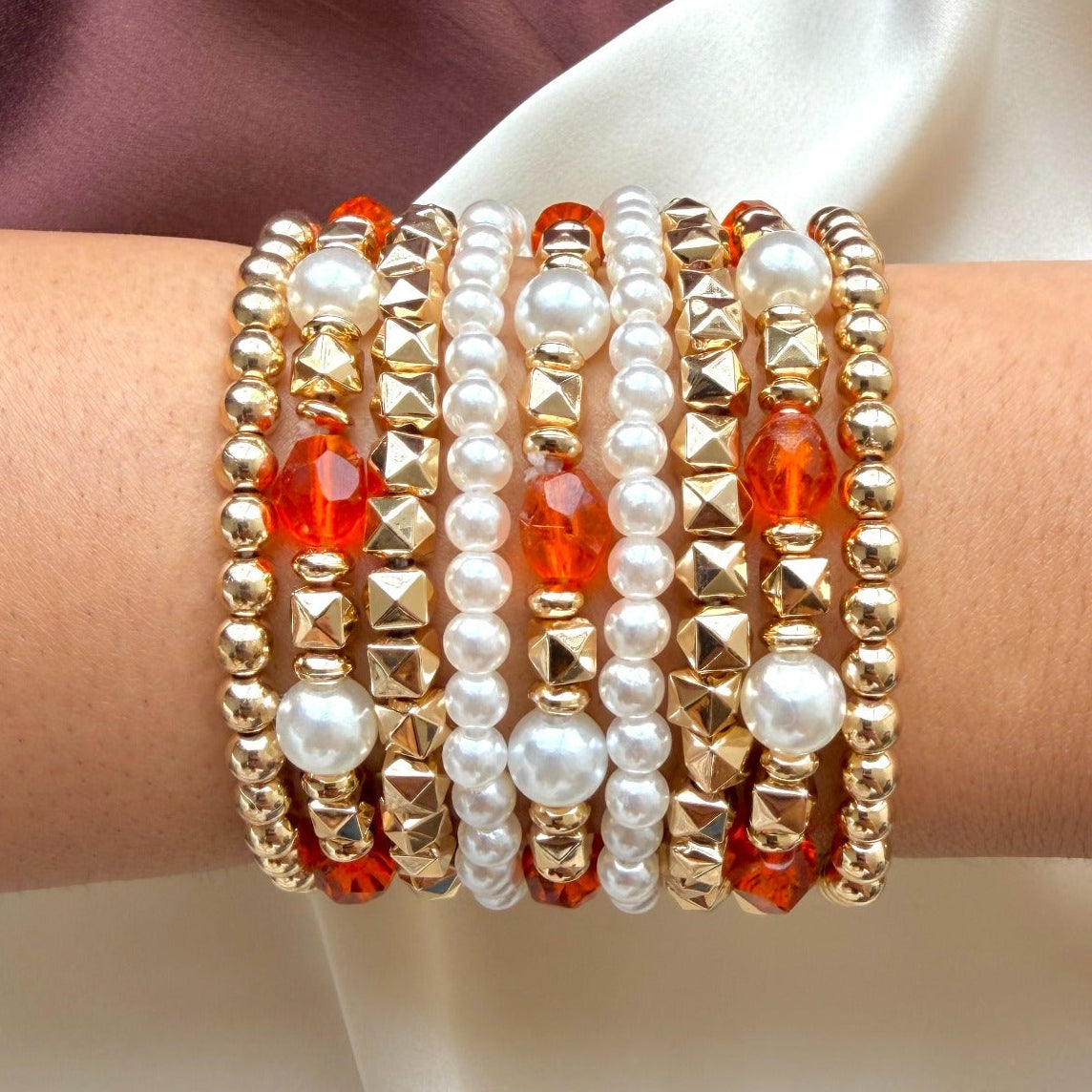TFC Orange Bead Gold Plated Bracelet (Set of 9)