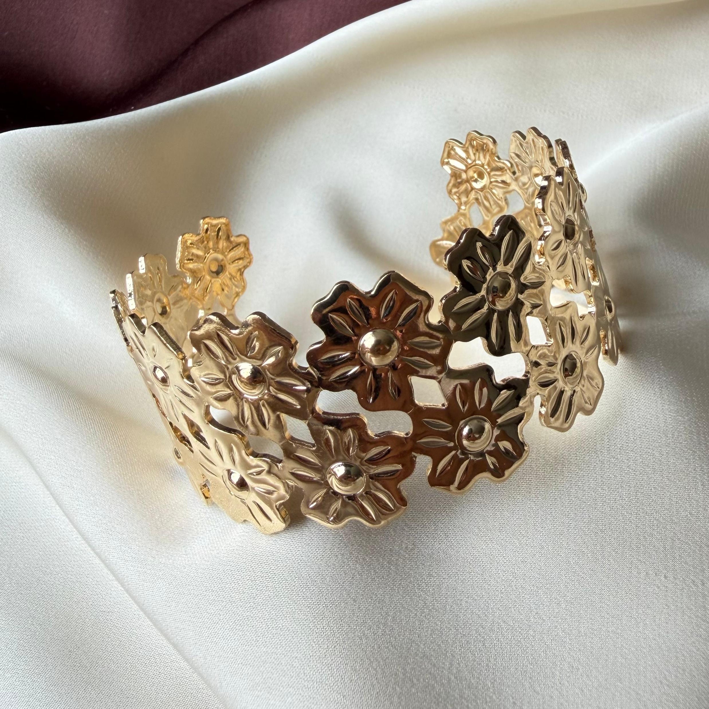 TFC Double Flowers Gold Plated Adjustable Cuff