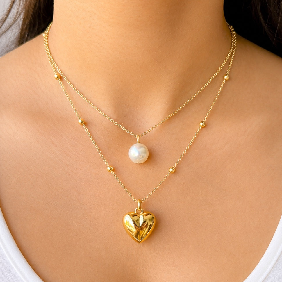 TFC Pearl & Heart Gold Plated Layrered Necklace
