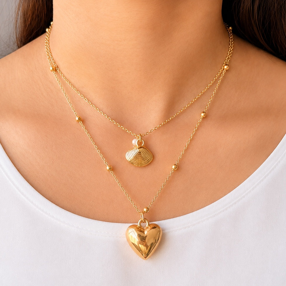 TFC Seashell & Heart Gold Plated Layrered Necklace