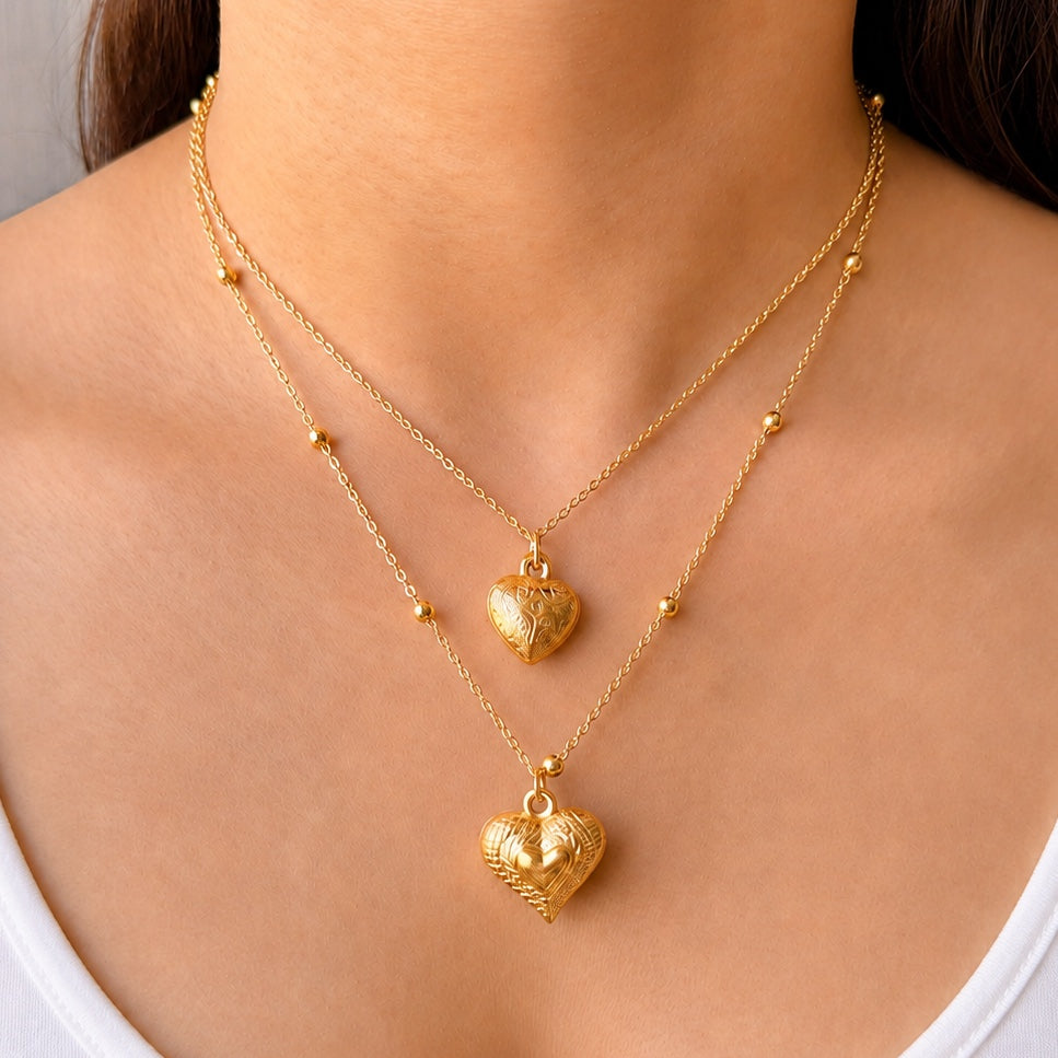 TFC Dual Textured Heart Gold Plated Layrered Necklace