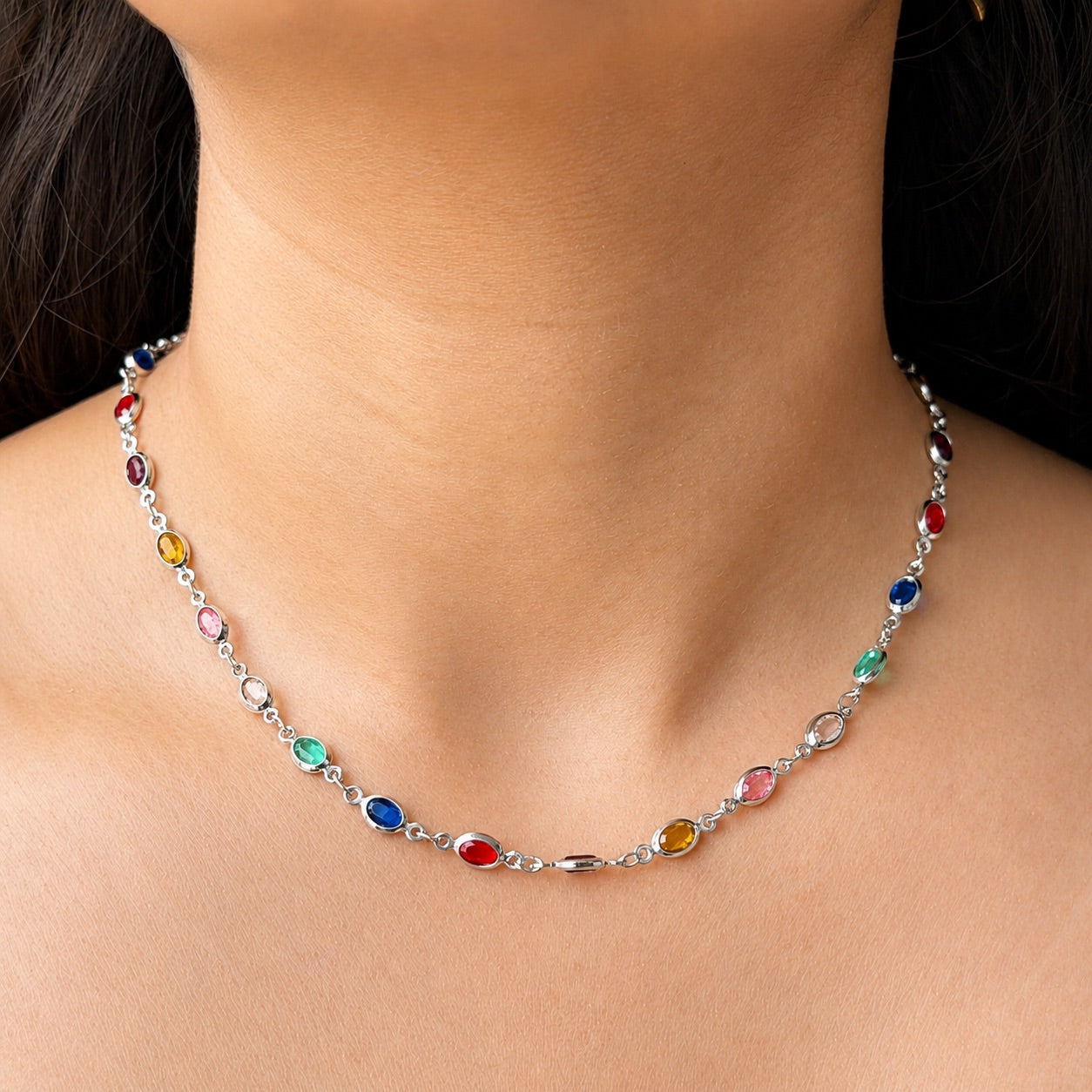 TFC Oval Gemstone Silver Plated Necklace