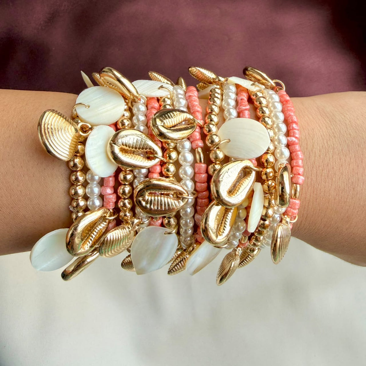 TFC Stretchable Shell & Pearl Gold Plated Bracelet (set of 15)