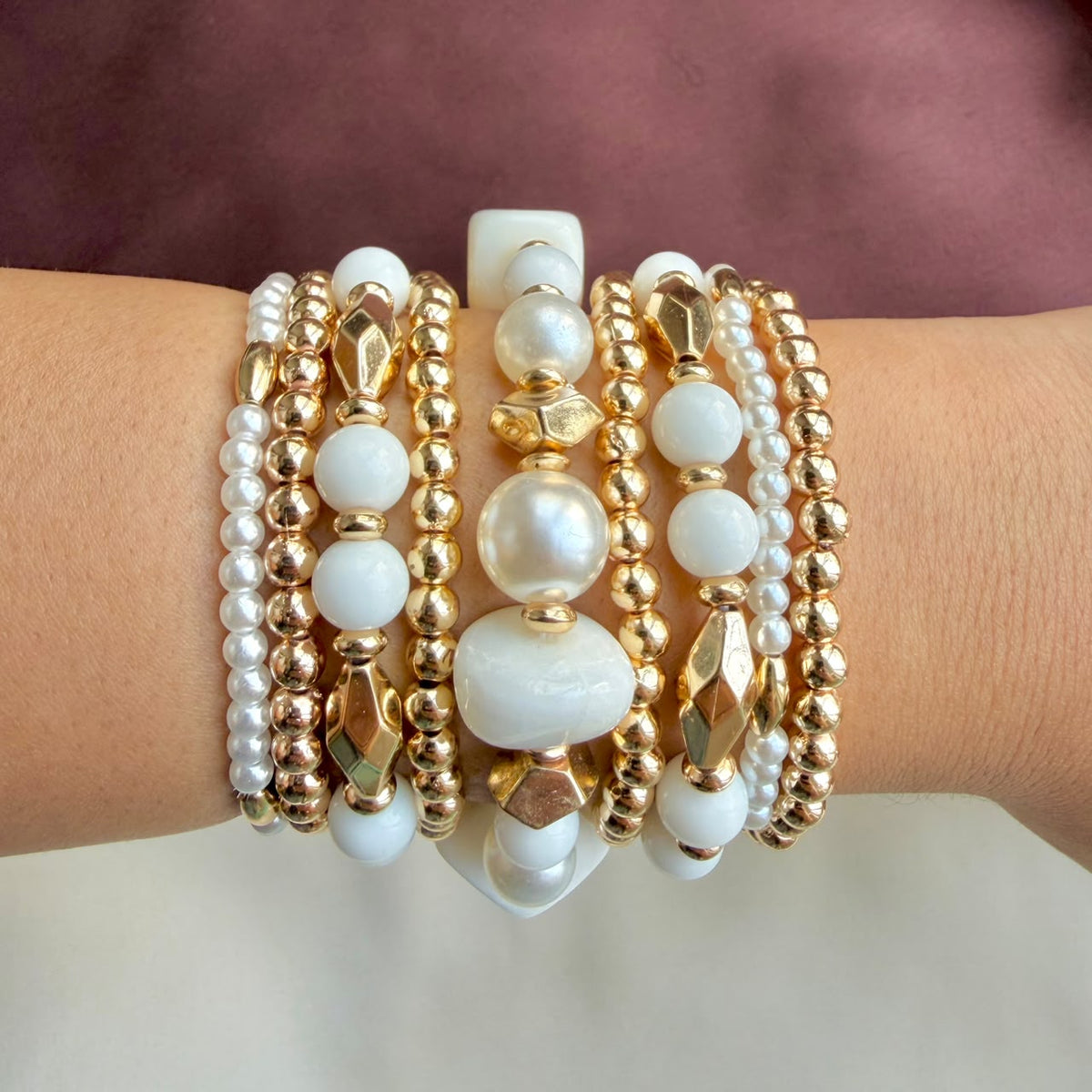TFC Stretchable Pearl Muse Gold Plated Bracelet (set of 9)