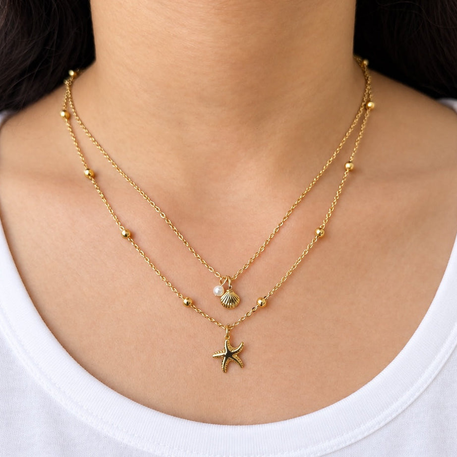TFC Pearl Tide Charm Gold Plated Layered Necklace