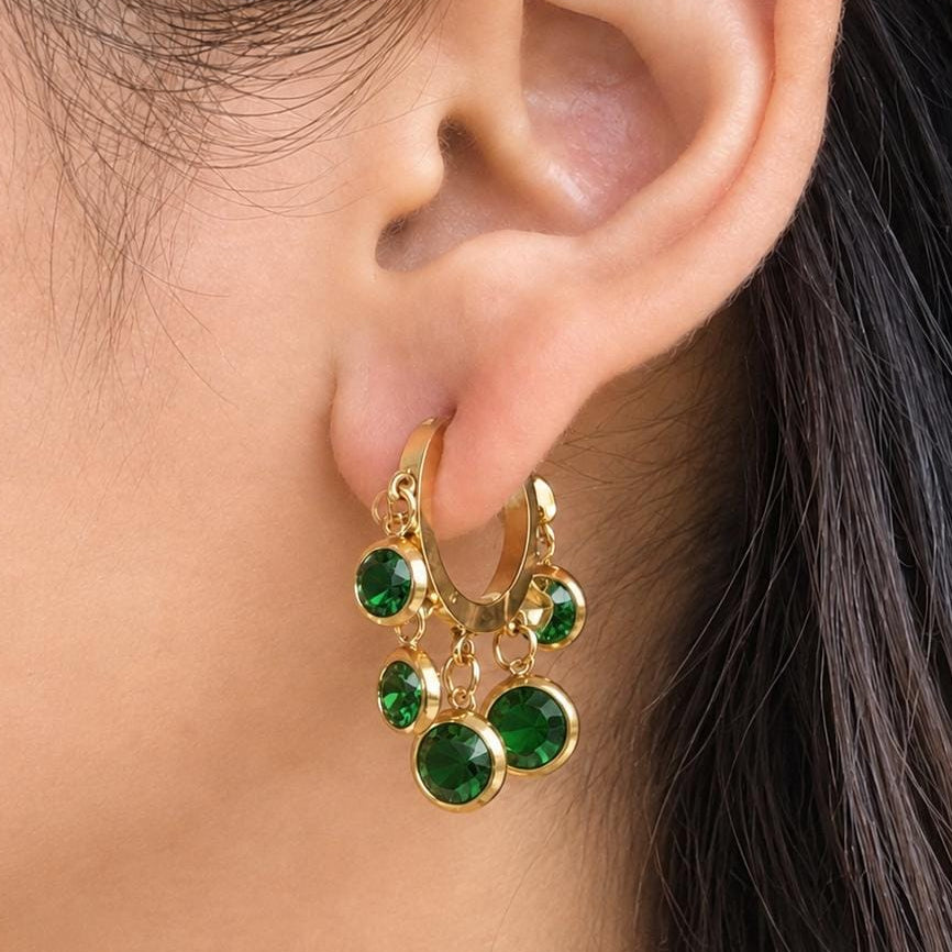TFC Round Emerald Gold Plated Dangler Earrings