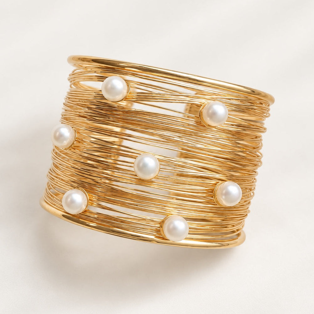 TFC Adjustable Classic Pearl Gold Plated Cuff Bracelet
