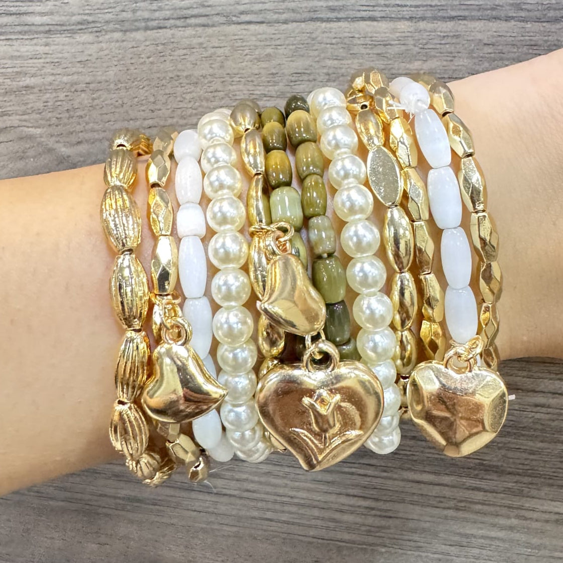 TFC Olive Green Heart Charm Gold Plated Bracelet (set of 12)