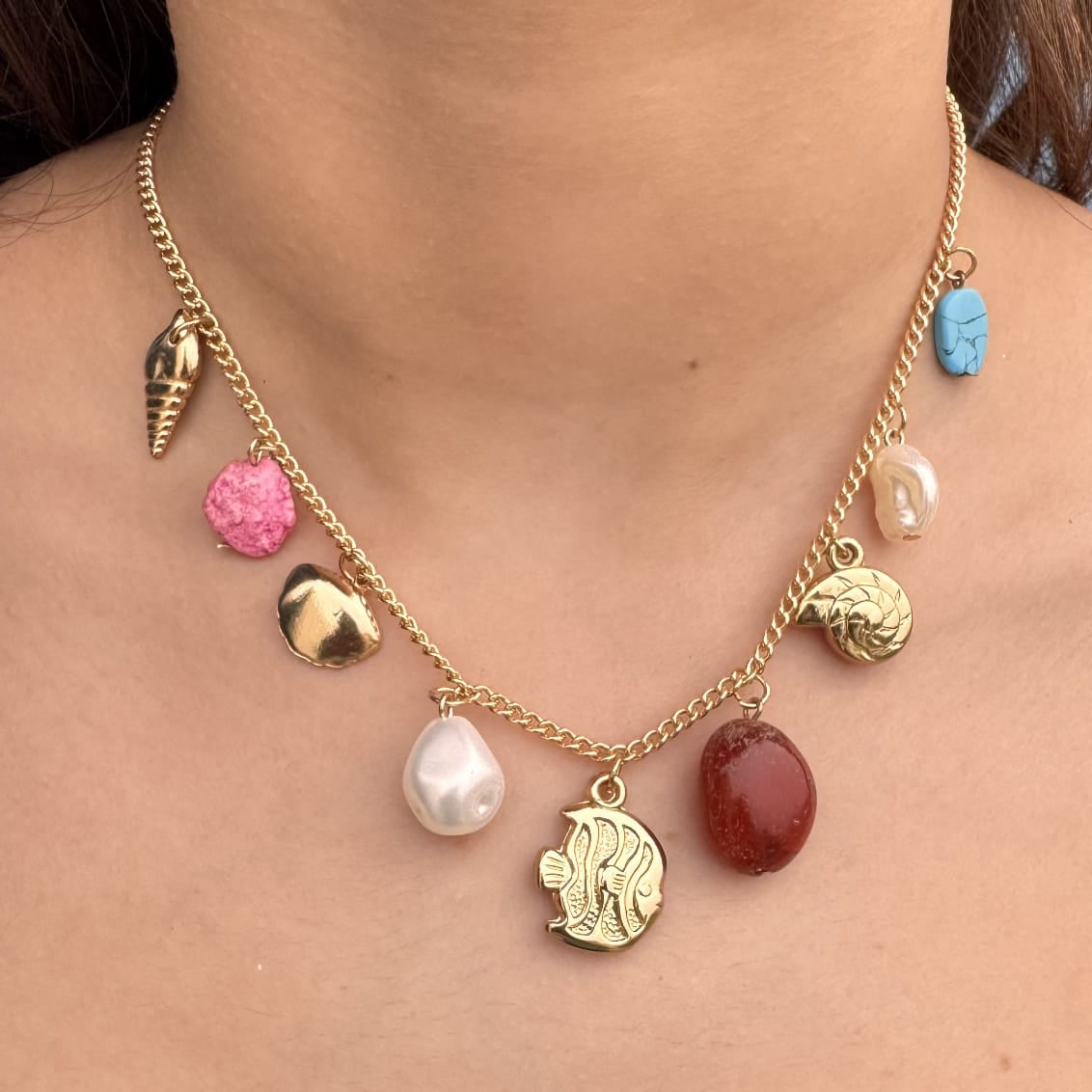 TFC Fish Multi Charms Gold Plated Necklace