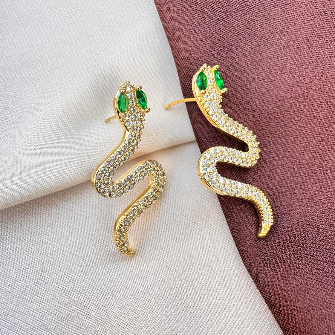 TFC Green Eyes Snake Gold Plated Earrings
