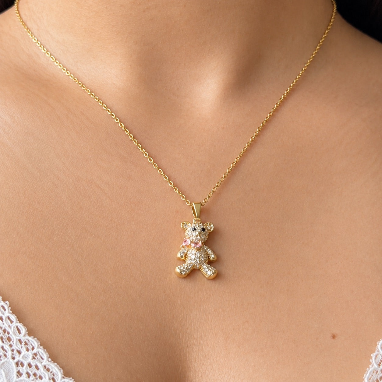 TFC Cute Stone Teddy Gold Plated Pendant Necklace