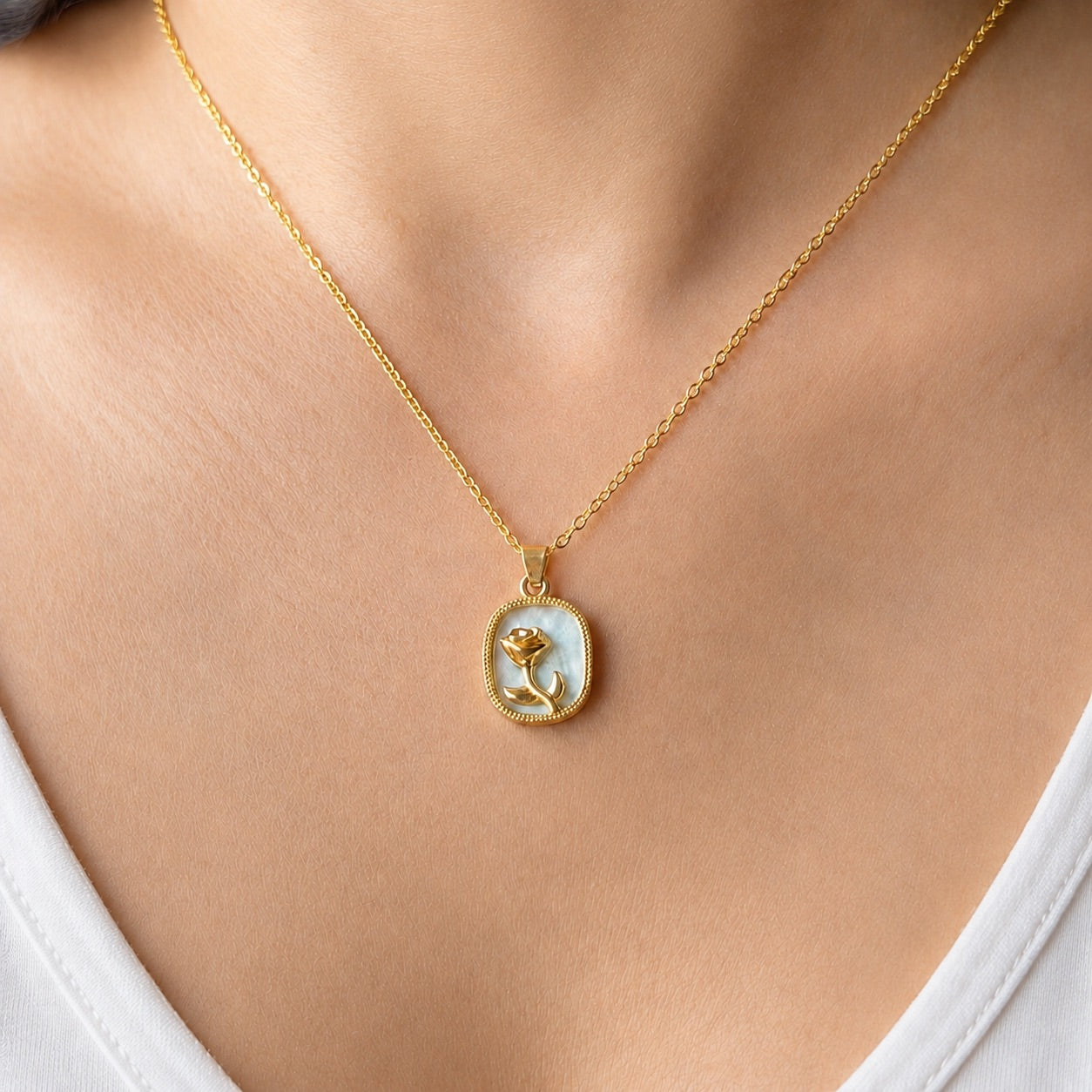 TFC White Rose Plated Pendant Necklace