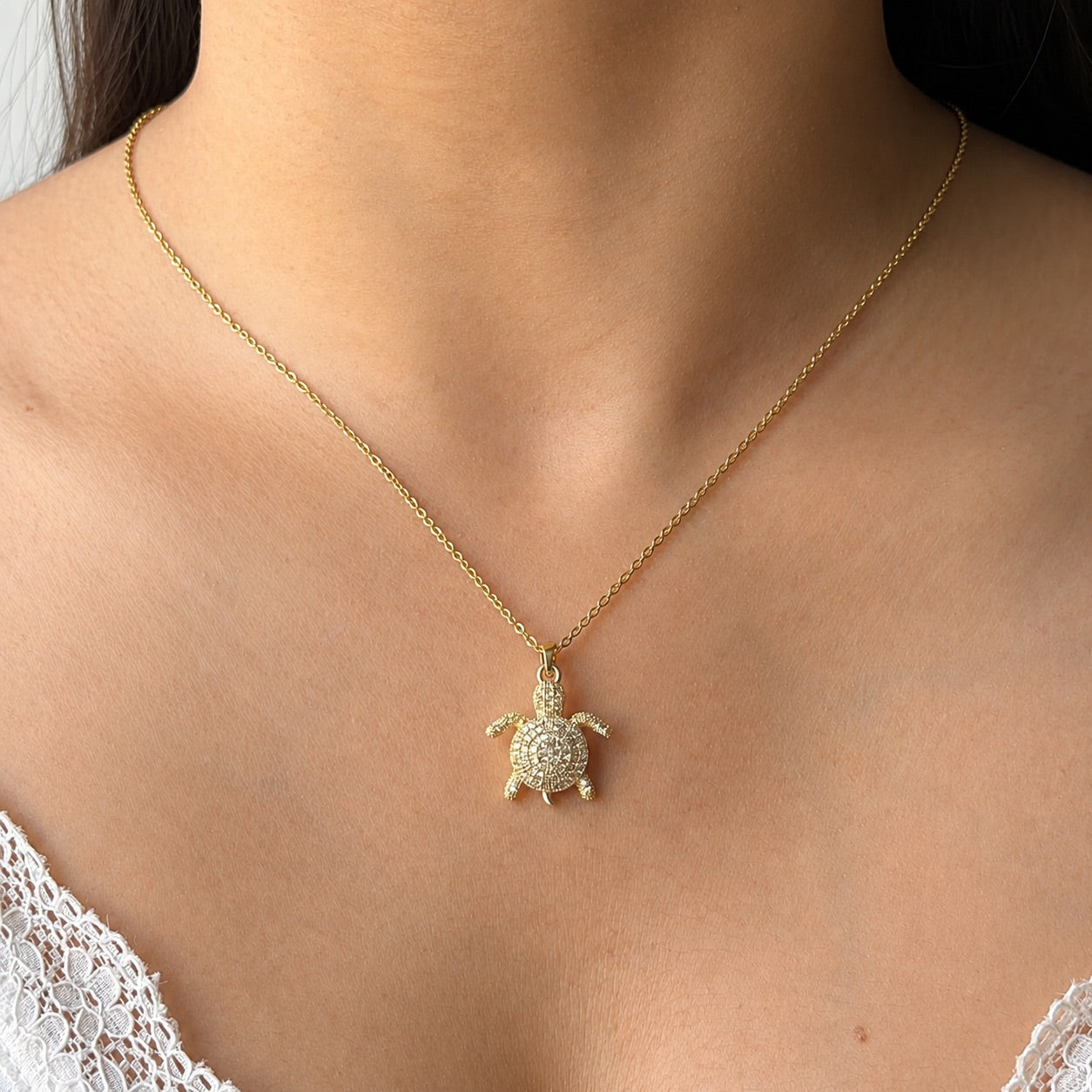 TFC Bedaazled Turtle Plated Pendant Necklace