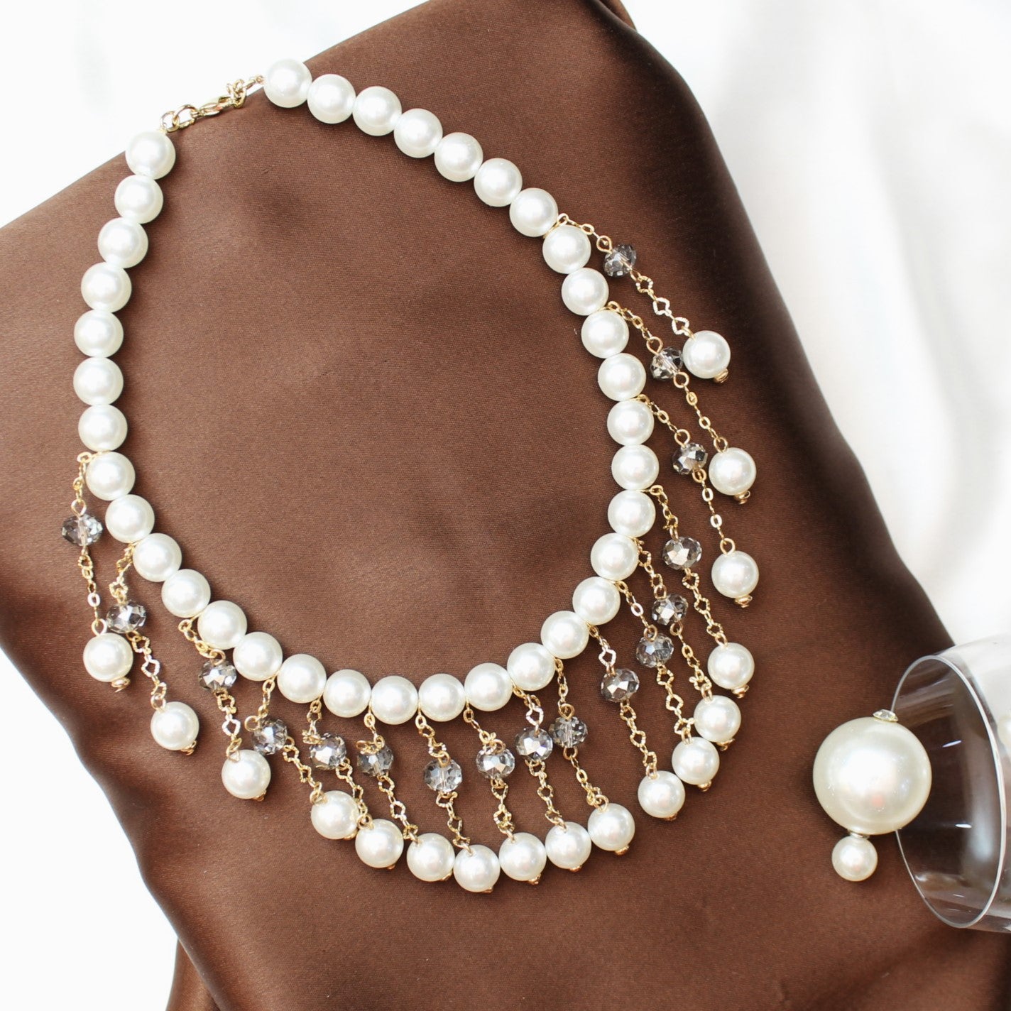 TFC Bridgerton Pearl & Crystal Statement Gold Plated Necklace