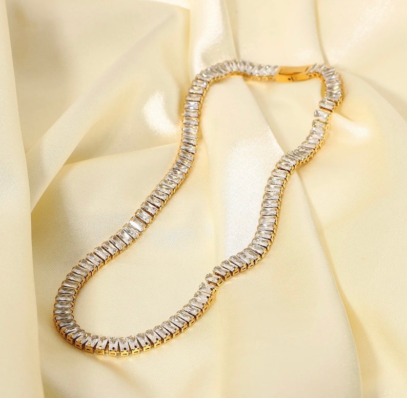 TFC 36cm Baguette White Stone Gold Plated Chain Necklace