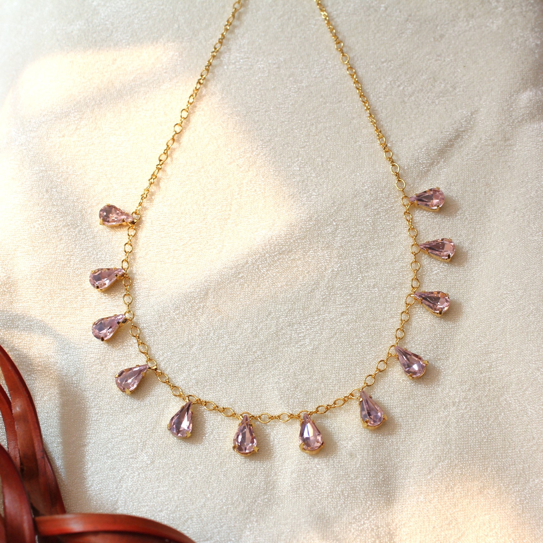 TFC 24K Pink Drop Crystal Gold Plated Dainty Necklace