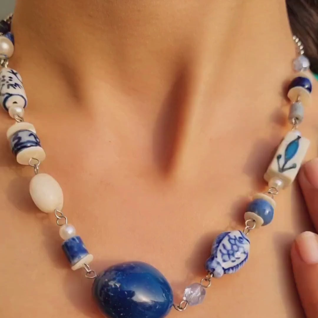 TFC Blue Pottery Beads Silver Plated Long Necklace