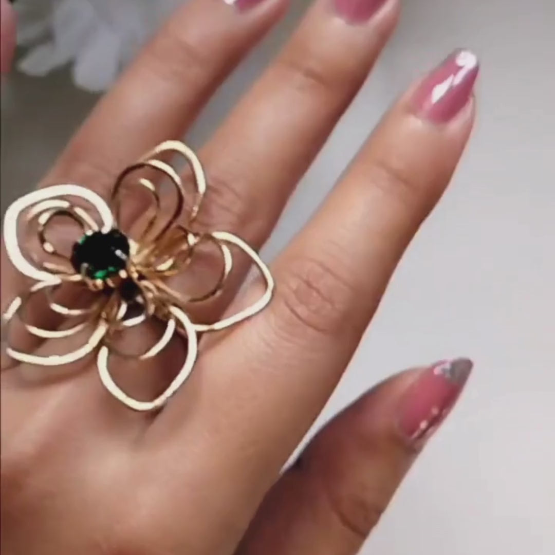 TFC Floral Emerald Statement Gold Plated Adjustable Ring