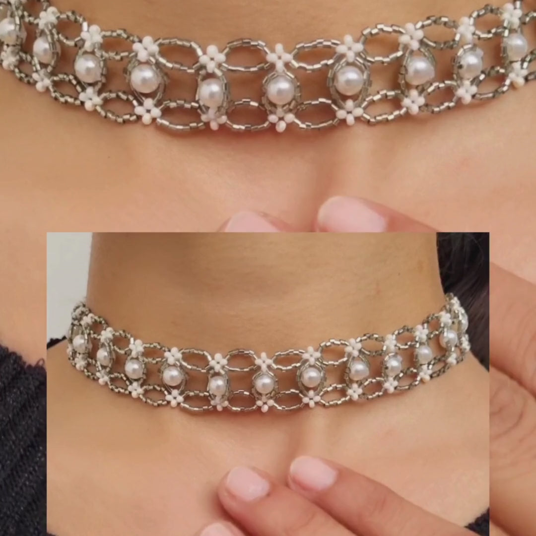 TFC Silver Cutdana and Pearl Choker Necklace