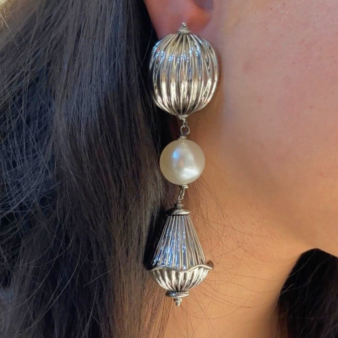 TFC Varied Vortex Bold Bead and Pearl Silver Plated Shoulder Duster Dangler Earrings