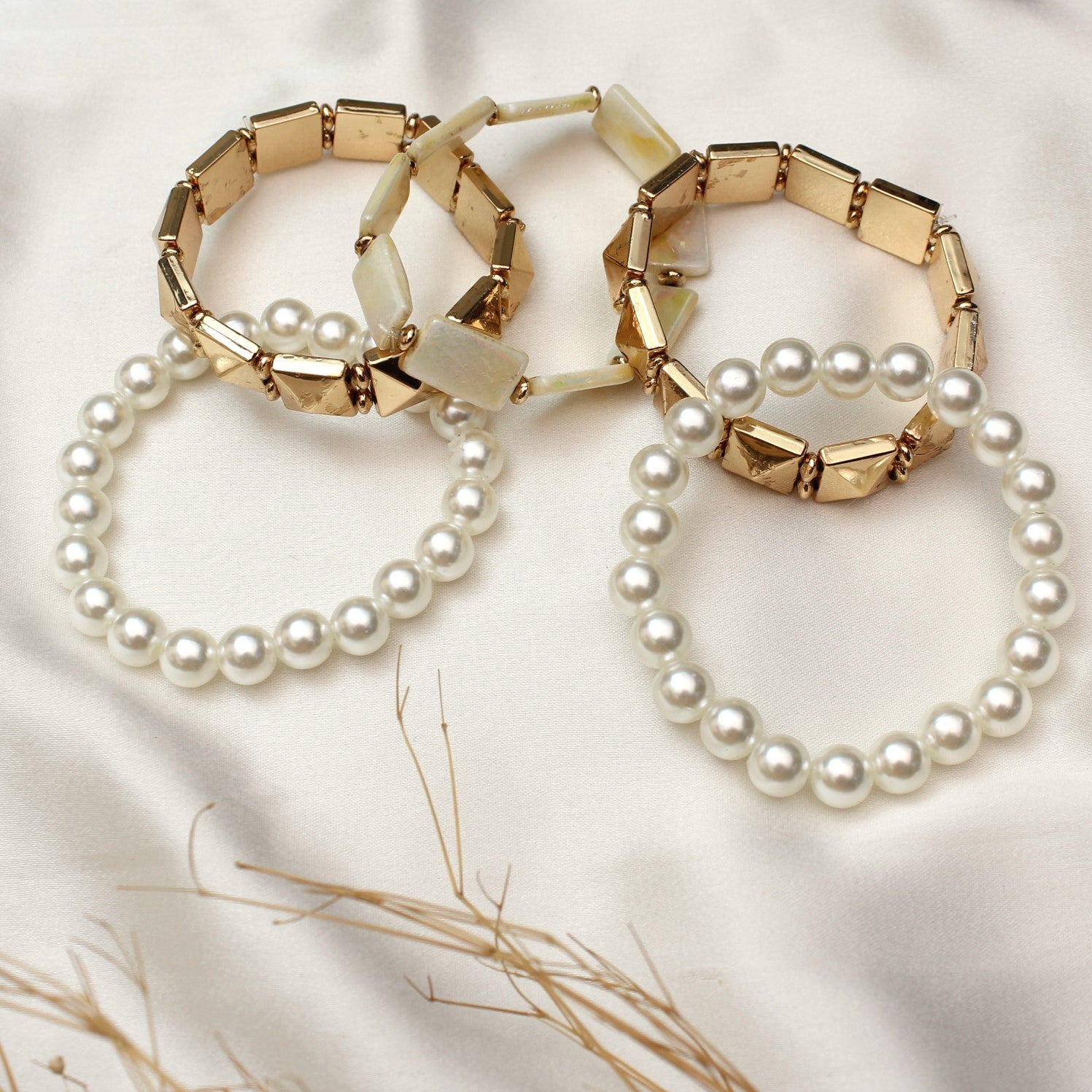 TFC Squared Pearls Gold Plated Bracelet Stack (Set of 5)