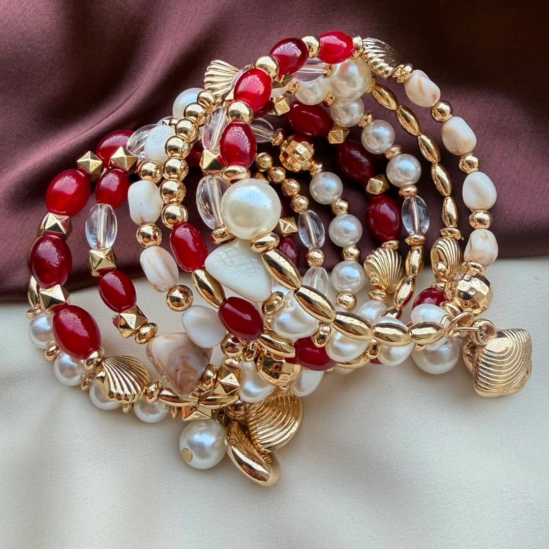 TFC Red & Pearl Gold Plated Spiral Bracelet