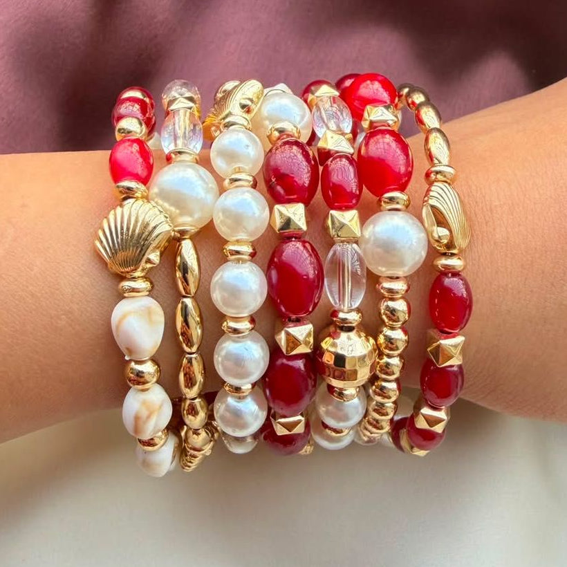 TFC Red & Pearl Gold Plated Spiral Bracelet
