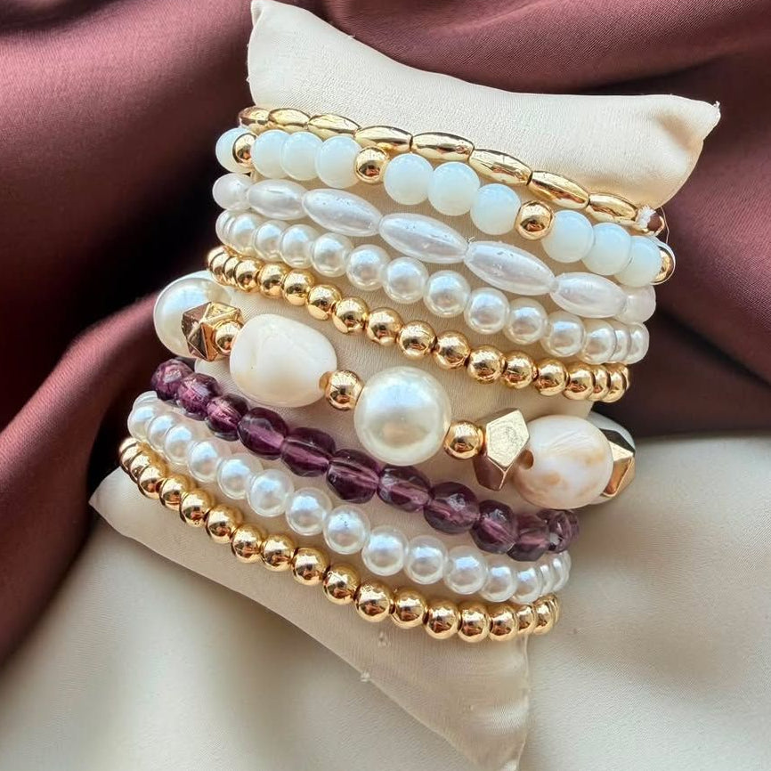 TFC Adjustable Purple Pearl Gold Plated Bracelet (set of 9)