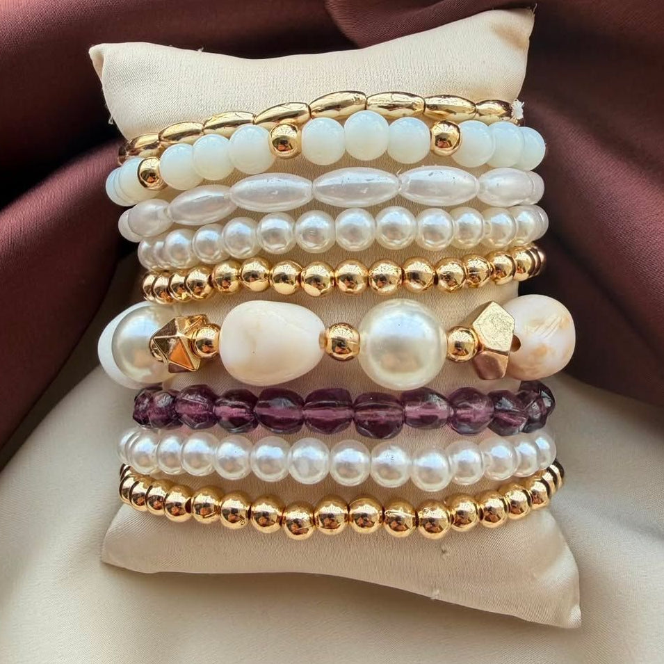 TFC Adjustable Purple Pearl Gold Plated Bracelet (set of 9)