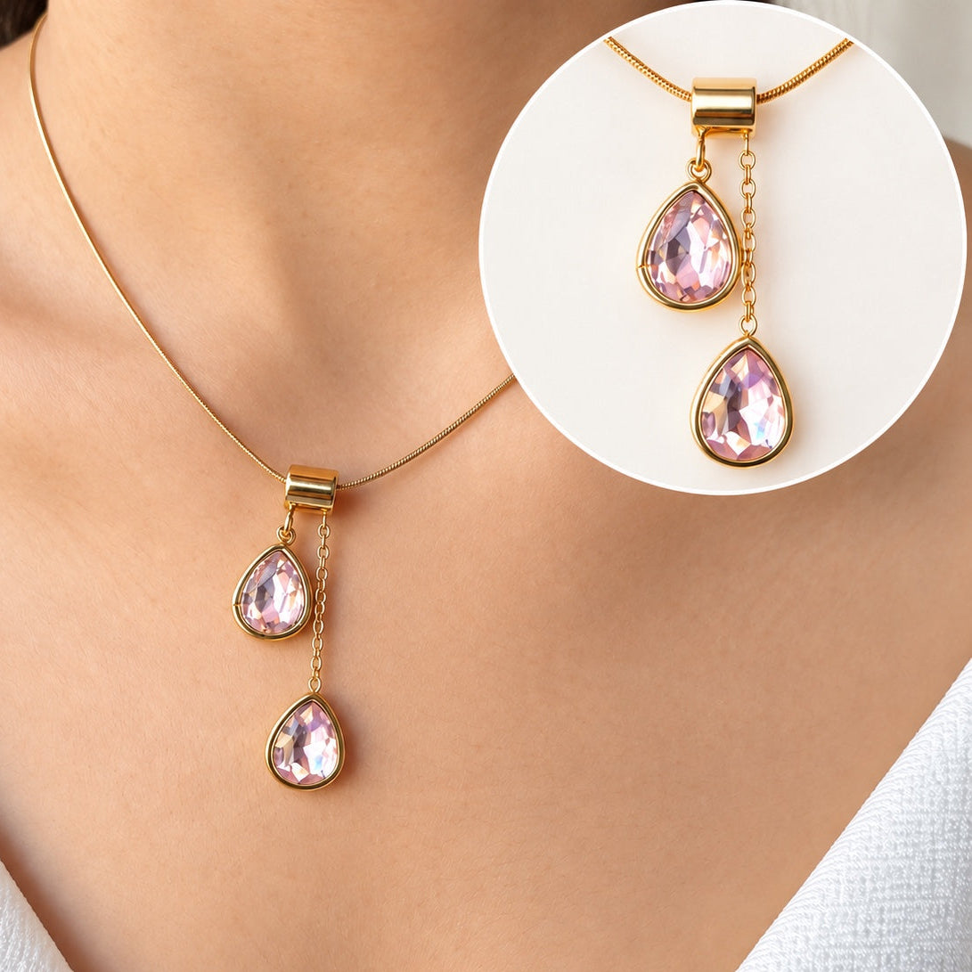 TFC Dual Pink Drop Gold Plated Pendant Necklace