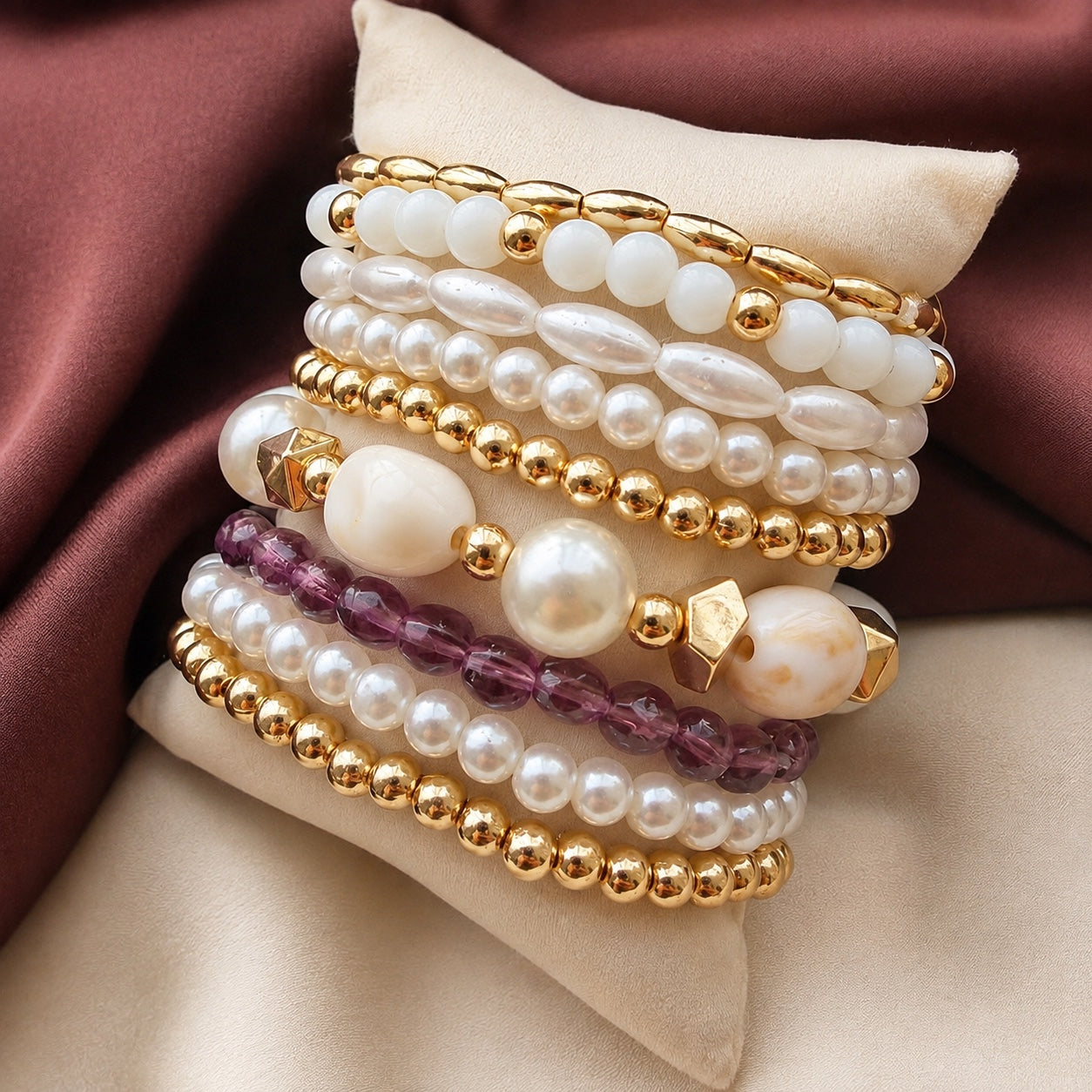 TFC Adjustable Purple Pearl Gold Plated Bracelet (set of 9)